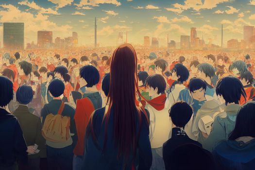 2d cartoon anime style crowds. High quality 3d illustration