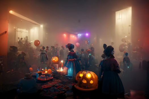 halloween decorated home interior with costumed figures and smoke or fog, neural network generated art. Digitally generated image. Not based on any actual scene or pattern.