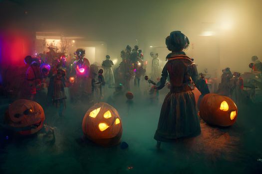 halloween decorated home costumed party in interior with smoke or fog, neural network generated art. Digitally generated image. Not based on any actual scene or pattern.