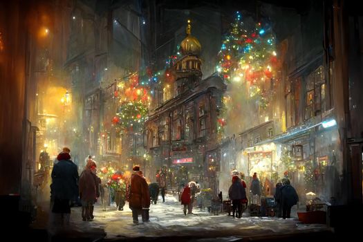 night crowded christmas european town street, neural network generated art. Digitally generated image. Not based on any actual scene or pattern.