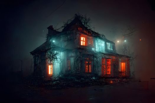 dark haunted house with illuminated windows at spooky misty dark halloween night, neural network generated art. Digitally generated image. Not based on any actual scene or pattern.