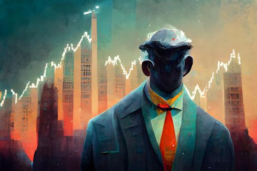 grotesque cartoon business man figure standing in front of bizarre styled charts and skyscraper buildings, neural network digitally generated art. Not based on any actual scene or pattern.