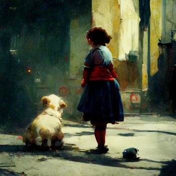 Little fat girl playing with a the dog in the street