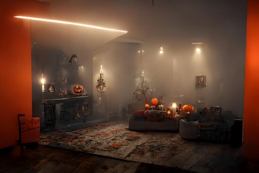 halloween decorated home interior with costumed figures and smoke or fog, neural network generated art. Digitally generated image. Not based on any actual scene or pattern.