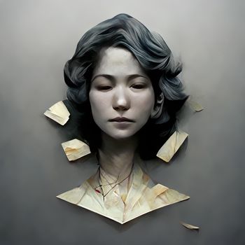 Three dimensional render of woman disintegrating into tiny pieces. High quality 3d illustration