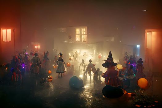 halloween decorated home costumed party in interior with smoke or fog, neural network generated art. Digitally generated image. Not based on any actual scene or pattern.