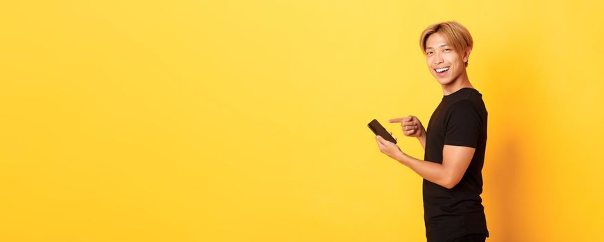 Portrait of pleased smiling handsome asian man, standing in profile and pointing finger at smartphone, recommend app, standing yellow background.