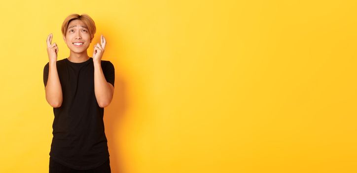 Portrait of hopeful worried asian man cross fingers good luck, begging look up, standing yellow background.