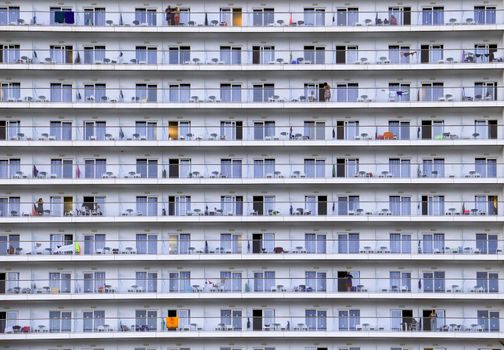 Benidorm, Alicante, Spain- September 11, 2022: Block full of apartments in front of the sea in Benidorm