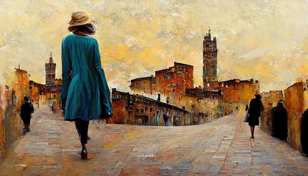 Stylish woman walks on background of cityscape of Siena old town. High quality illustration
