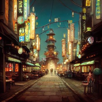 Street view of a wondrous amazing fantasy city town square, mix of Atompunk Dieselpunk styles