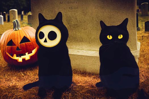 Portrait of Black Cat with Halloween pumpkin on Background and scary spooky Eyes, creepy horror holiday, superstition evil animal