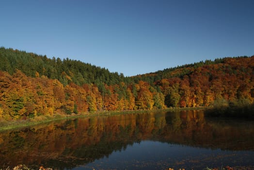 the blue sky and an autumn forest of red yellow and green autumn colors are reflected in the lake surface. High quality photo