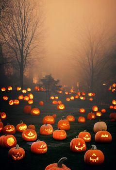 Halloween pumpkin head jack lantern with burning candles. Pumpkins in graveyard in the spooky night - halloween backdrop