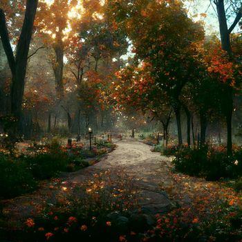 Photorealistic image of an autumn park with falling leaves. High quality illustration