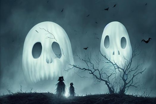 halloween night with ghosts. High quality 3d illustration