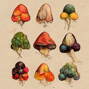 Hand-drawn colorful forest wild collection of assorted edible mushrooms, leaves and berries. High quality 3d illustration