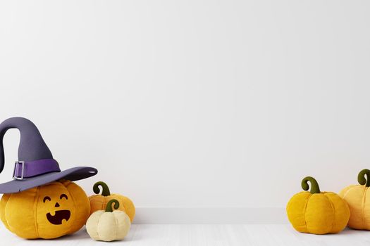 Halloween copyspace background with smiling pumpkins wearing hat on white background, smiling pumpkin face wearing hat, 3D rendering, Halloween theme with pumpkins on white background 3D illustration.
