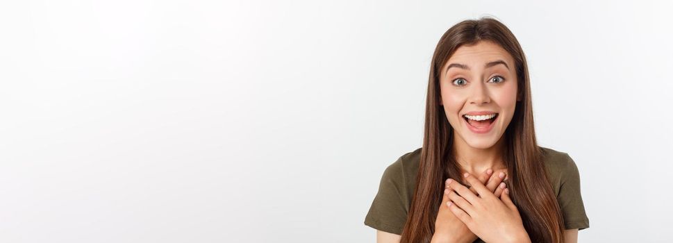 Portrait joyful outgoing woman likes laugh out loud not hiding emotions giggling chuckling facepalm close eyes smiling broadly white background.