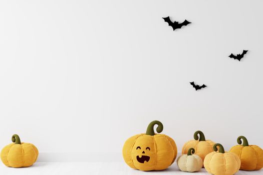 Halloween background copyspace with pumpkins and bats on white background, smiling pumpkin face, flying bats, 3D rendering, Halloween theme with pumpkins and bats on white background 3D illustration.