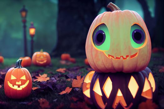 halloween pumpkin character with big spooky eyes in forest. High quality 3d illustration