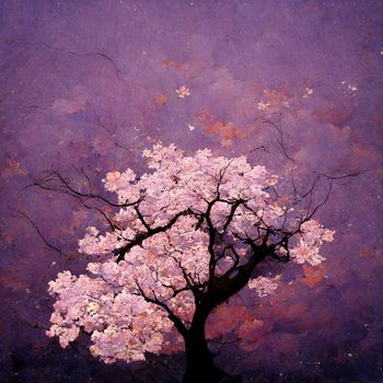 picture of cherry blossom against purple sky. High quality illustration