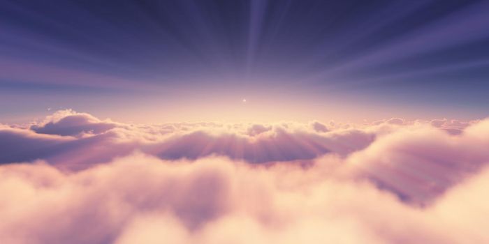 above clouds sunrise sun ray illustration, 3d rendering