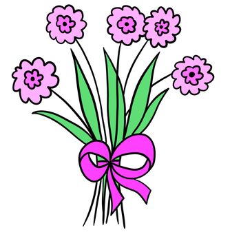 Hand drawn illustration of floral bouquet with pink flowers green leaves ribbon bow. Simple minimalist cartoon doodle design for spring summer greeting card, elegant garden blossom bloom painted in black line outline style