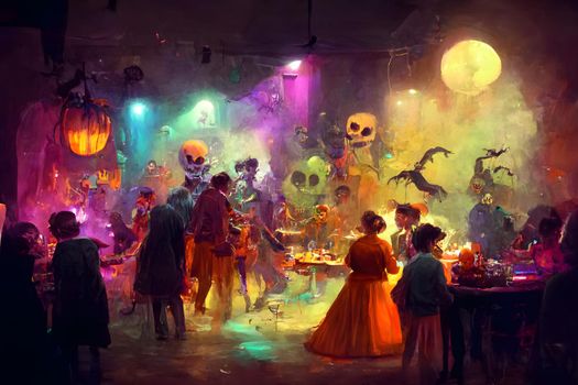 colorful halloween indoor party, neural network generated art. Digitally generated image. Not based on any actual scene or pattern.