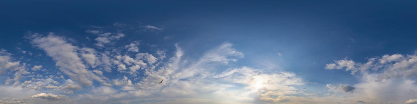Dark blue sunset sky panorama with pink Cumulus clouds. Seamless hdr 360 pano in spherical equirectangular format. Full zenith for 3D visualization, game, sky replacement for aerial drone panoramas