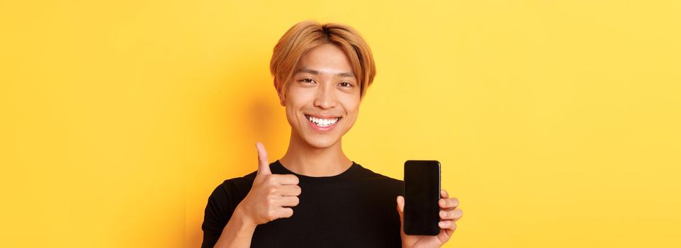 Satisfied handsomea young asian guy with fair hair, showing thumbs-up in approval and smartphone screen, standing over yellow background.