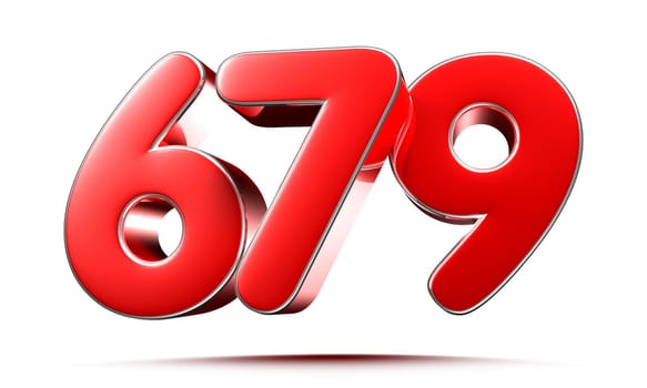 Rounded red numbers 679 on white background 3D illustration with clipping path