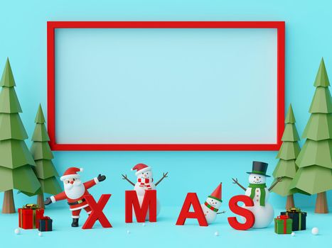 Merry Christmas and Happy New Year, Santa Claus and Christmas chalacter with letters XMAS and copy space, 3d rendering