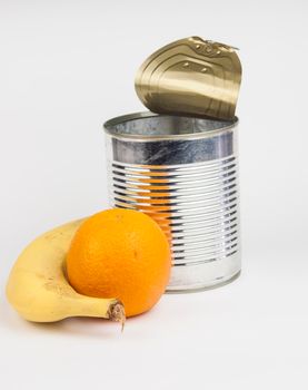  open aluminum can with fruict on white background