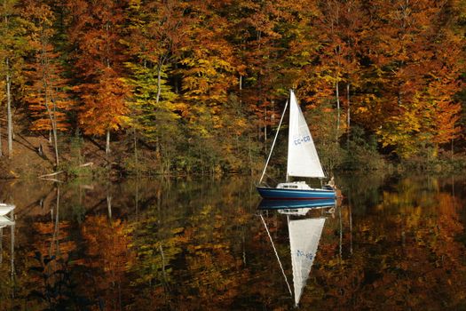 a sailboat and an autumn forest of red yellow and green autumn colors are reflected in the lake surface. High quality photo