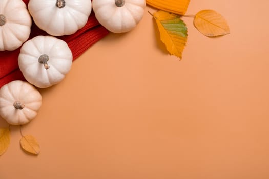 Autumn flat lay composition with pumpkins and fallen leaves and sweater with space for text.