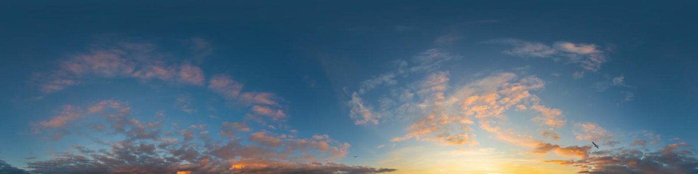 Dark blue twilight sky panorama with Cumulus clouds. Seamless hdr 360 panorama in spherical equiangular format. Full zenith or sky dome for 3D visualization, sky replacement for aerial drone panoramas