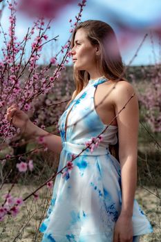 Young beautiful woman in blue dress and long hair is enjoying with blossoming peach trees.