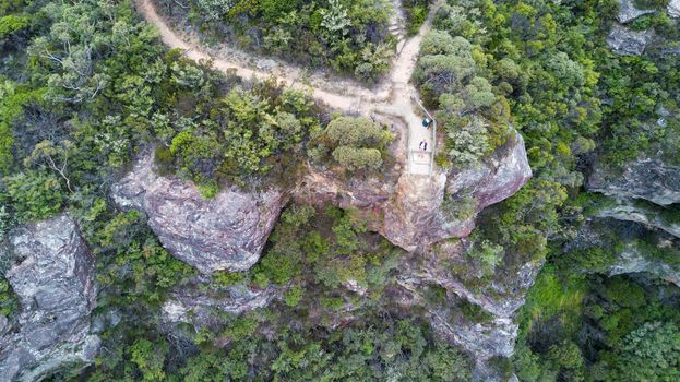 Birds eye aerial view of cliff top lookout Blue Mountains, Australia