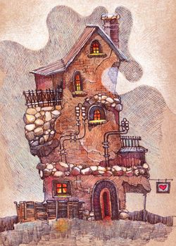Artistic illustration of old house - ink and colored pencils drawing on craft paper