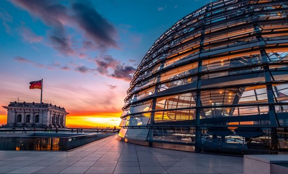 Berlin, Germany - 19 September 2020: Glass dome of Reichstag at sunset