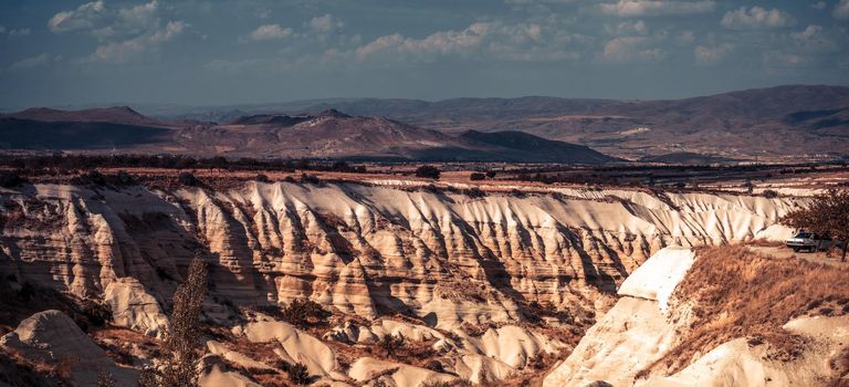 Turkish landscape with stony mountain canyon in Cappadocia region