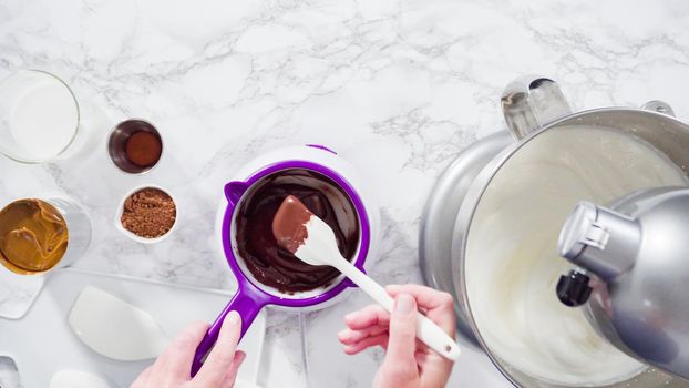 Flat lay. Step by step. Preparing homemade chocolate ice cream in a standing kitchen mixer.