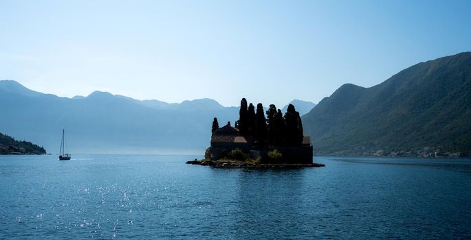 Saint George island in Montenegro, Adriatic sea view. Beautiful landmark in Kotor bay with sunset light