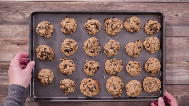 Flat lay. Step by step. Freshly baked chewy oatmeal raising cookies.