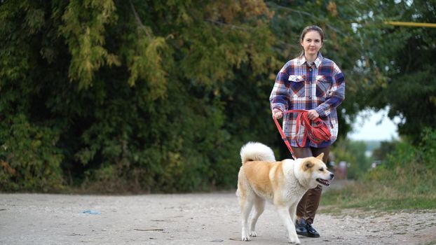 Woman in plaid shirt holding akita inu dog on red leash while walking outdoors.