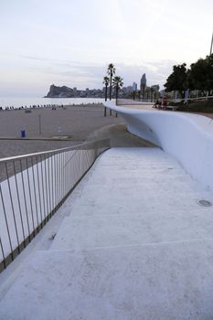 Benidorm, Alicante, Spain- September 11, 2022: Poniente beach with its beautiful promenade with access to the beach and viewpoint with modern design