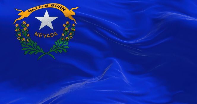 Close-up view of the Nevada state flag waving. Nevada is a state in the Western region of the United States. Fabric textured background