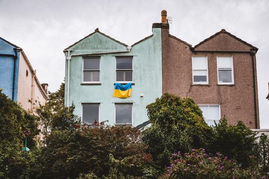 National flag of Ukraine in British house. High quality photo