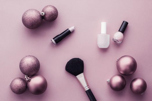 Cosmetic branding, fashion blog cover and girly glamour concept - Make-up and cosmetics product set for beauty brand Christmas sale promotion, luxury purple flatlay background as holiday design